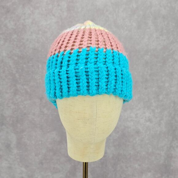 Blue Pink Crochet Knit Bucket Cap Hat Fun Vintage Y2K Funky Beanie - Picture 2 of 4